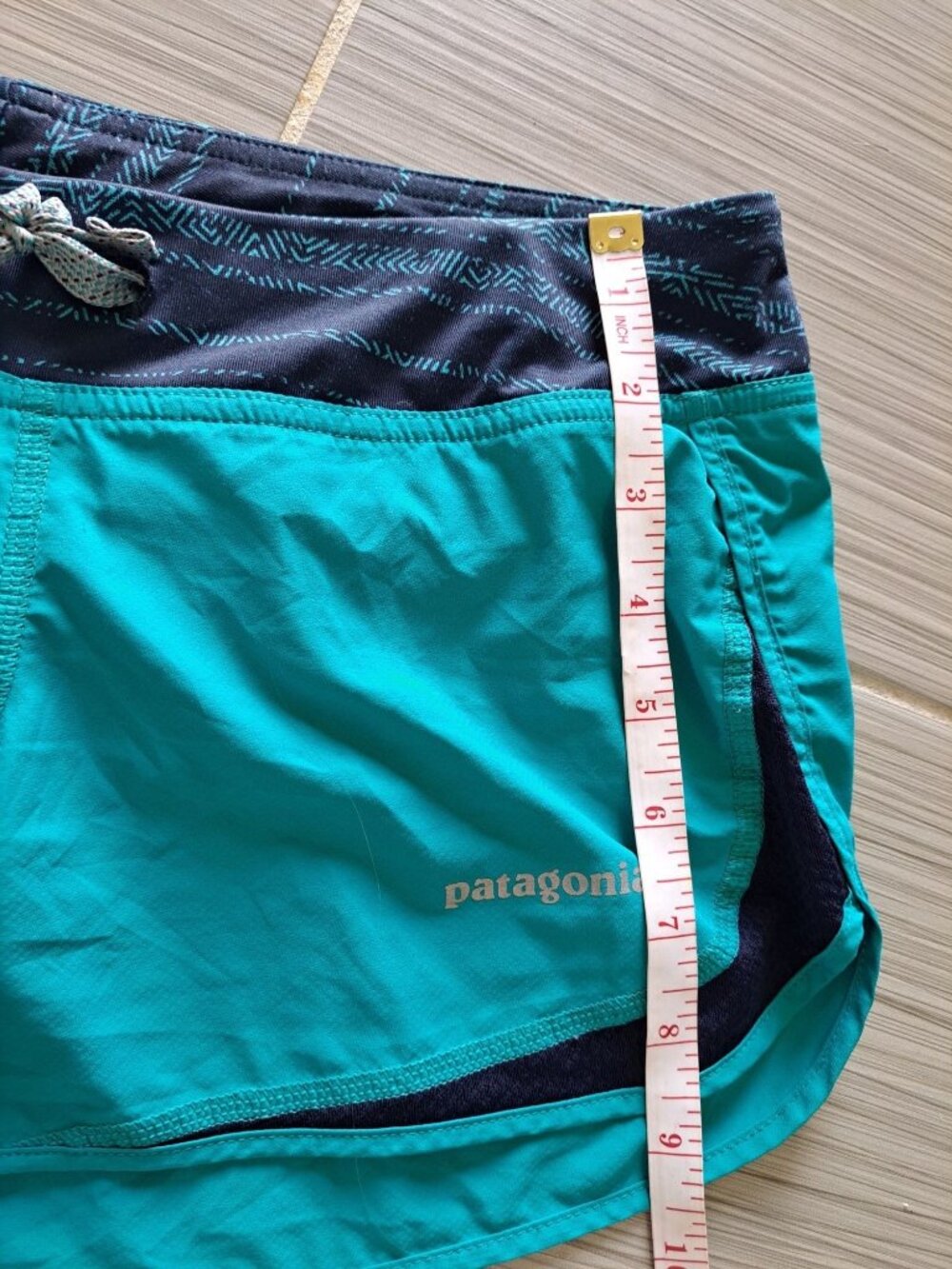 Patagonia Womens Strider Running Shorts Size XS 3" Blue Teal Patterned Waistband - Picture 6 of 14